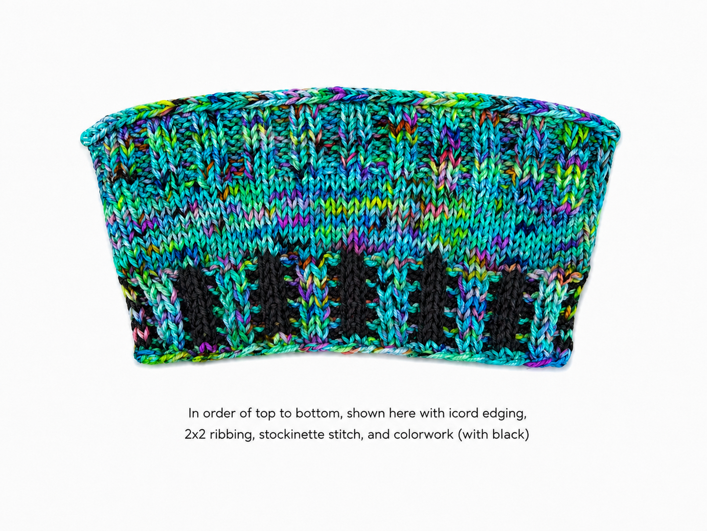 A close-up of a hand-knitted multicolor swatch textured vertical stripes, shown against a plain white background with a descriptive text overlay below highlighting various stitch patterns used.
