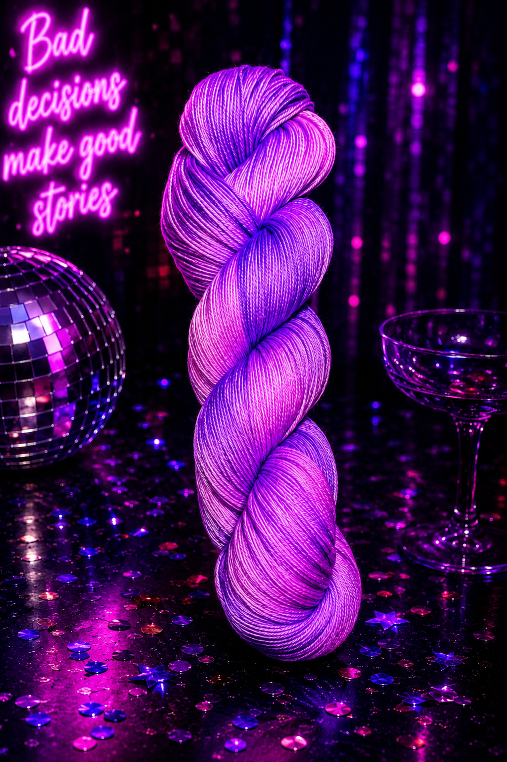 A single twisted skein of hand-dyed yarn in a vibrant purple and pink gradient stands upright on a dark reflective surface, surrounded by neon pink lighting, a disco ball, and a coupe glass.
